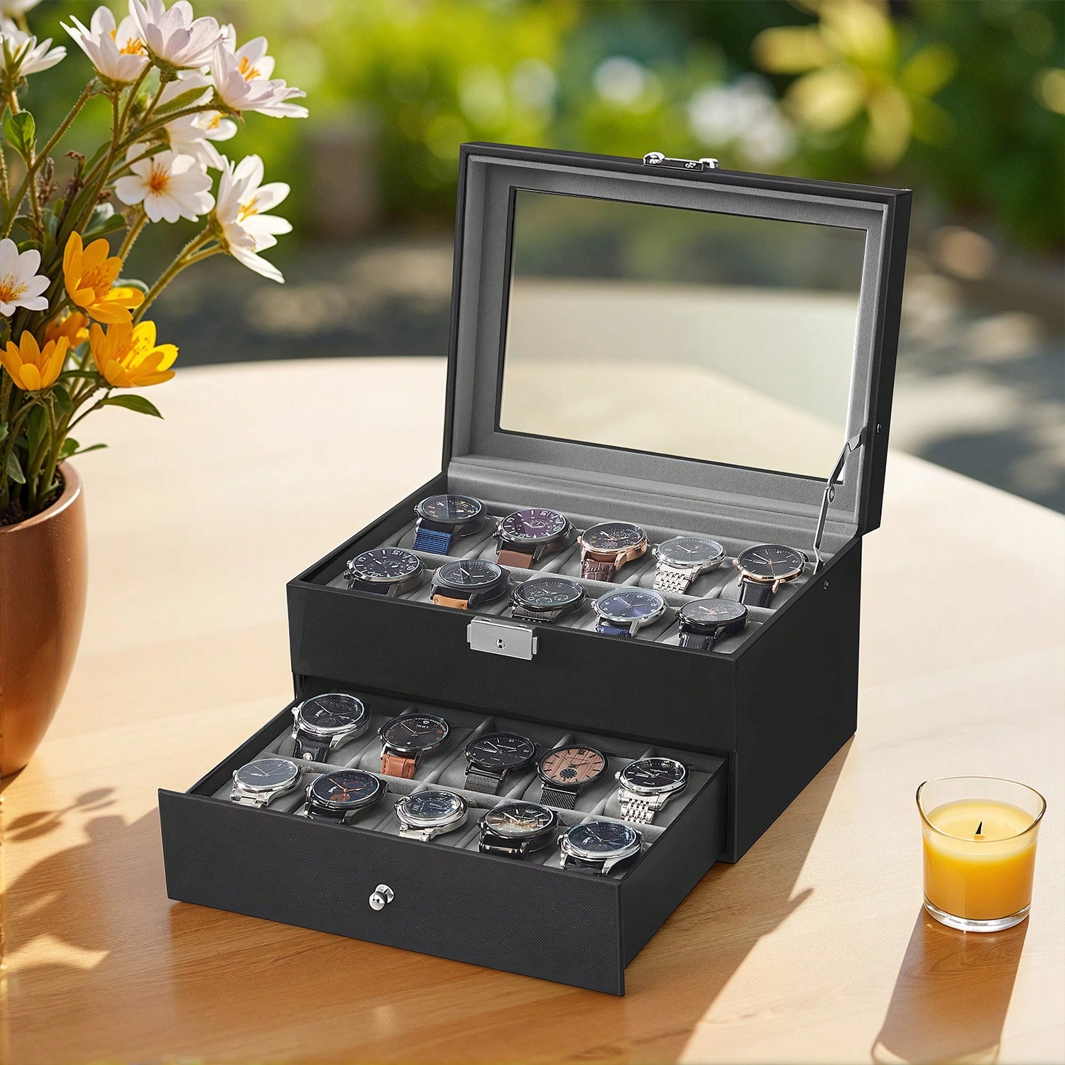 Jewelry Box Organizer Watches - 20-Slot Watch Box with Glass Lid
