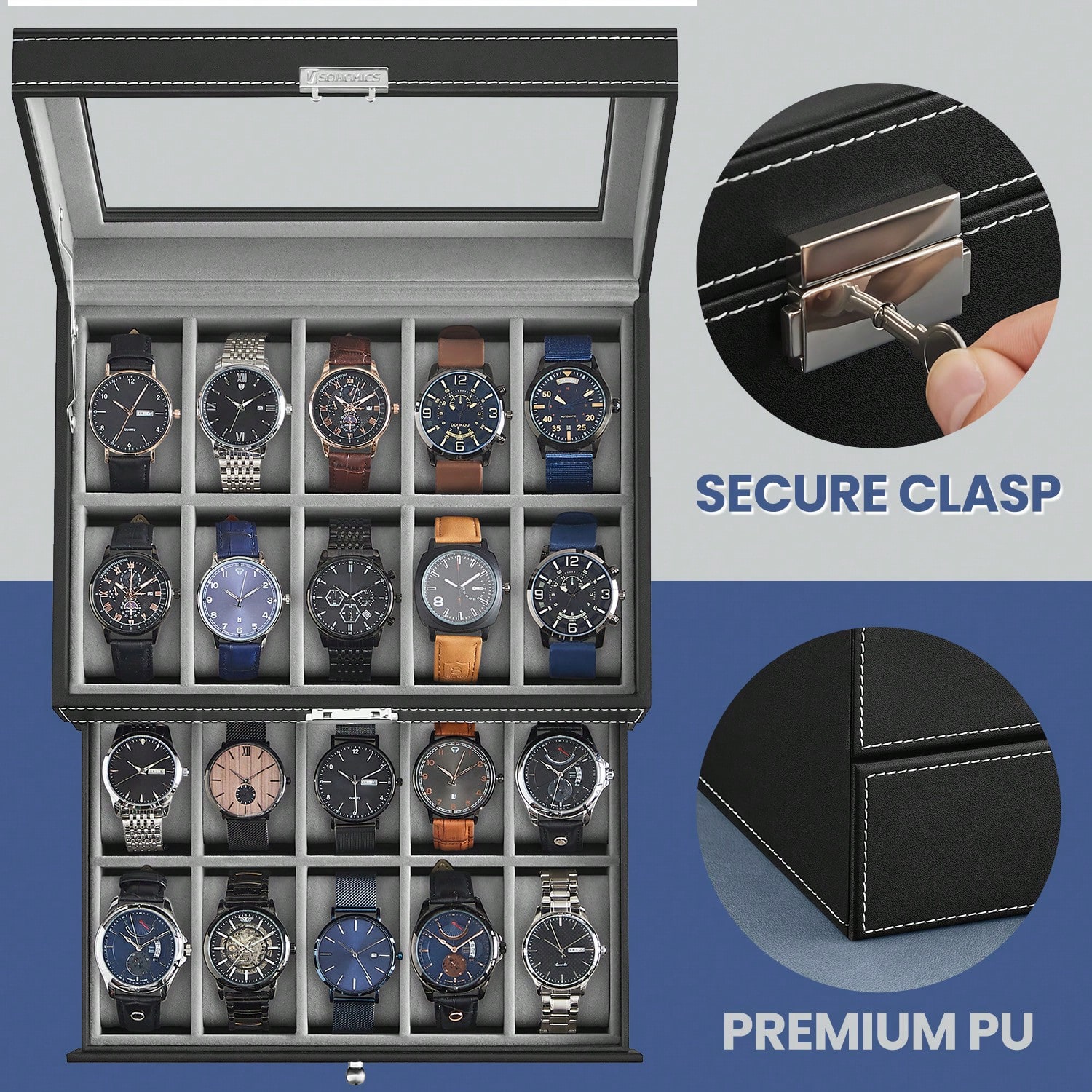 20-Slot Watch Box with Glass L - đánh giá và giá Jewelry Box Organizer Watches